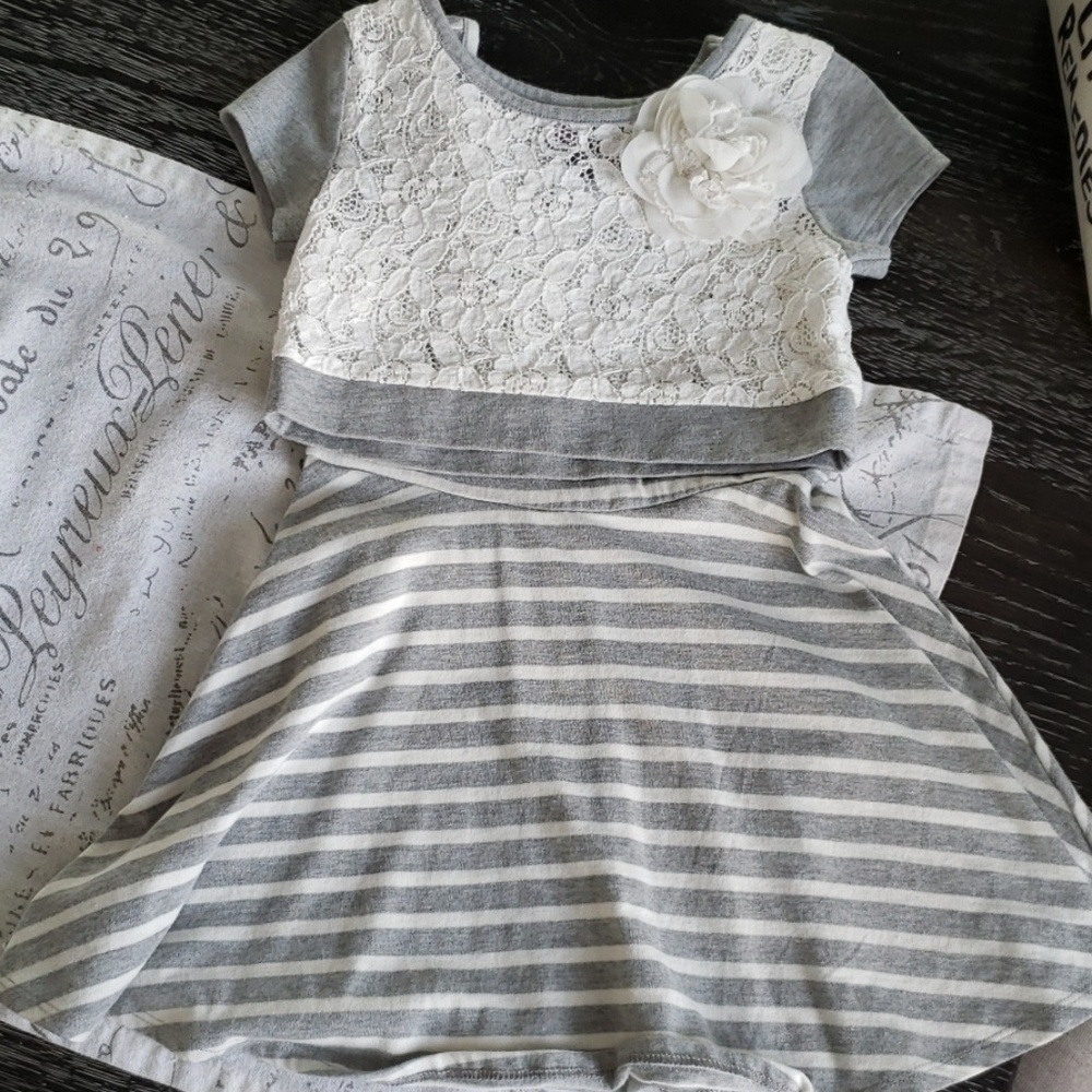 Grey strip dress and pink pants outfit